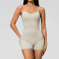 Wholesale Women's Cross-Back Yoga Bodysuit – Brushed Slim Fit Athletic Shorts Jumpsuit w/ Chest Pad