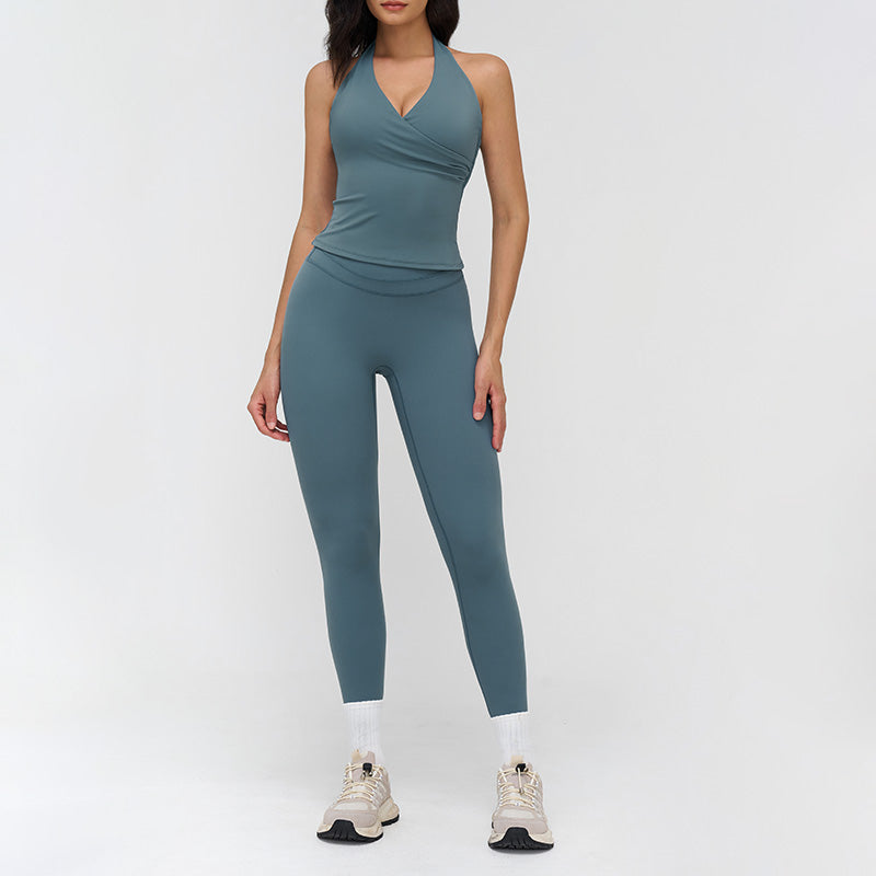 Halter neck backless tank top + high-waisted leggings 2-piece set