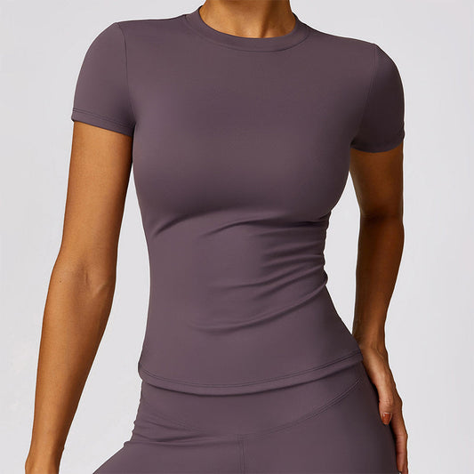 Brushed short sleeve and round neck yoga top