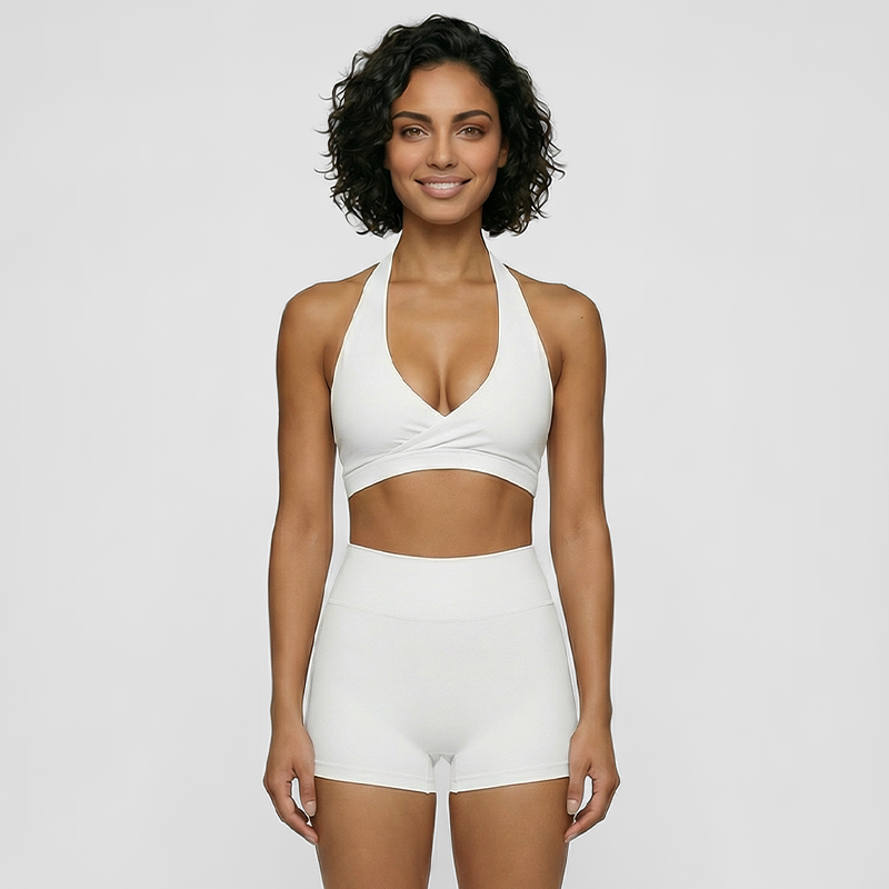Deep V halter neck bra + high waisted shorts 2-piece set