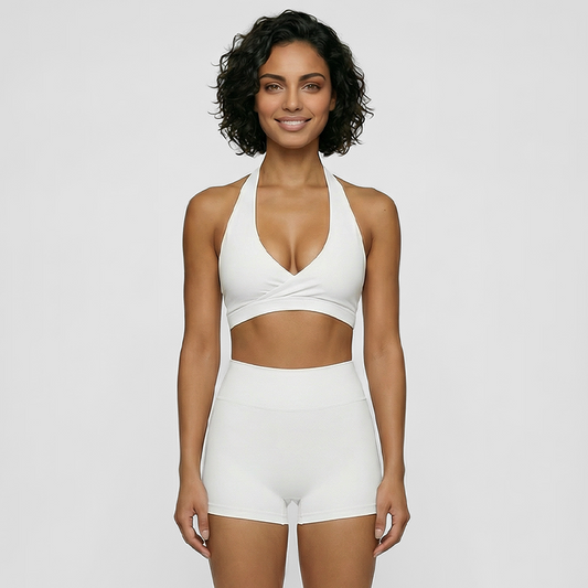 Deep V halter neck bra + high waisted shorts 2-piece set