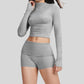 Yoga-inspired slim-fit long-sleeved top + tight-fitting shorts 2-piece set