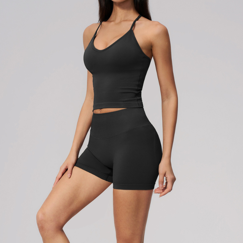Wholesale Women's Halter V-Neck Seamless Yoga Set – High-Waist Butt-Lifting Sports Bra & Shorts