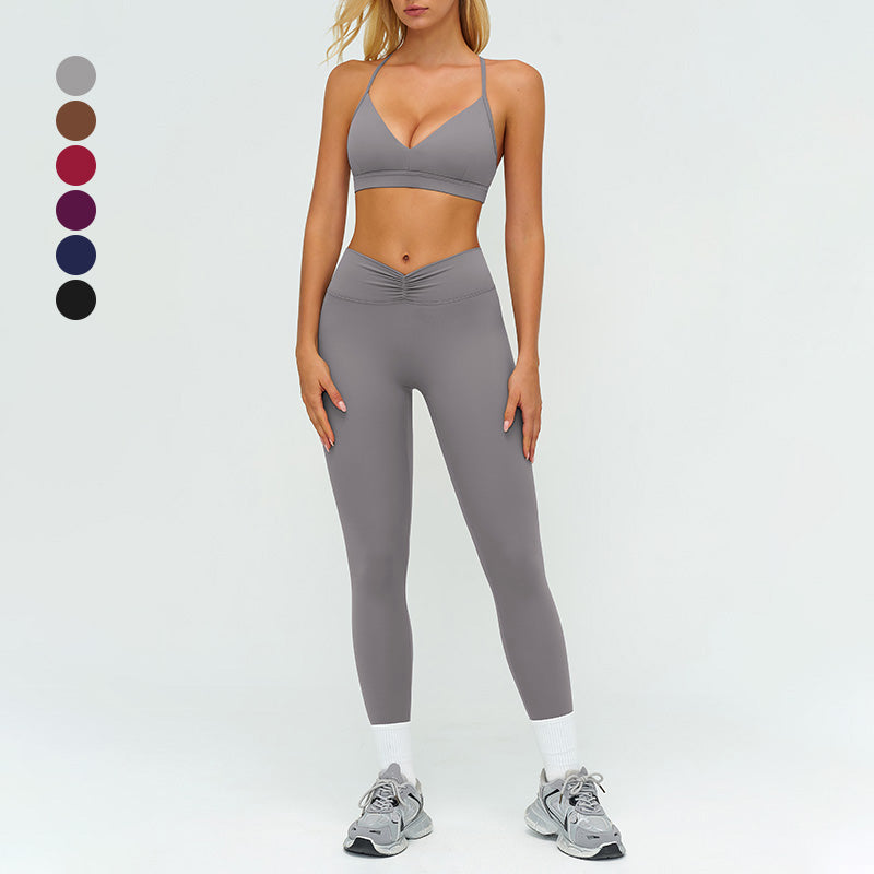 Removable bra pads + high-waisted pleated leggings 2-piece set