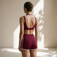 Wholesale Women's Naked-Feel Seam-Detail Sports Bra & Shorts Set – Contrast Stitch Sculpting 2-Piece Yoga Set