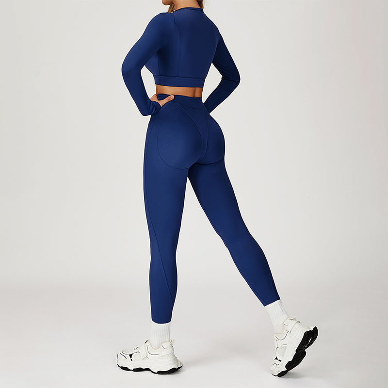 Round-neck long-sleeve high-waist fitted top+HIGH WAIST LEGGINGS 2-PIECE SET