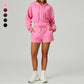 Loose hooded and full zipper Sweatshirt + drawstring shorts 2 pieces set