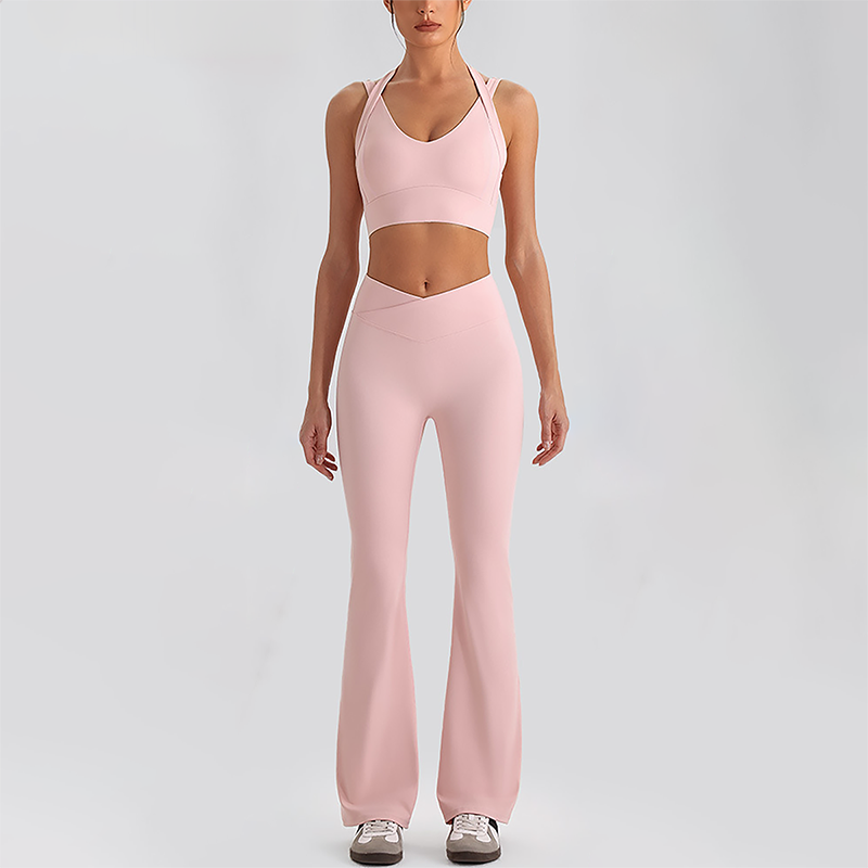 Wholesale Women's Open-Back Long Sleeve Crop Top & High Waist Leggings Set with Chest Pad