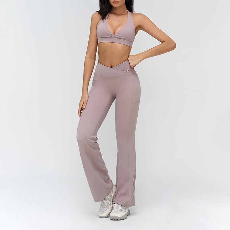 Halterneck backless bra + Flared pants 2-piece set