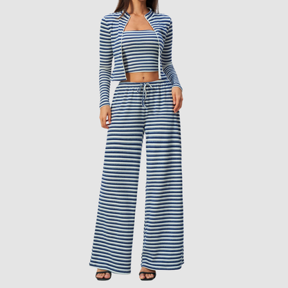 Wholesale Women's Stripe Yoga Bra & Wide-Leg Pants & Jacket 3-Piece Set