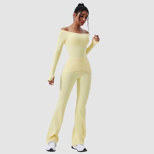 Wholesale off-the-shoulder yoga top + flared | Wonderxfans bulk activewear