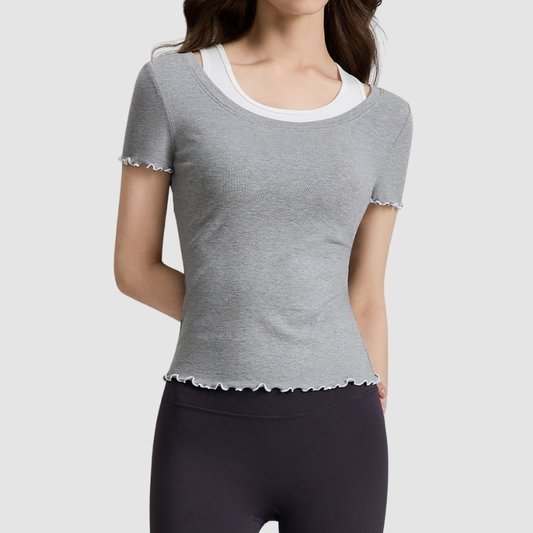 Wholesale Women's Faux Two-Piece Contrast Color Short-Sleeve Yoga Top – Slim Fit Activewear