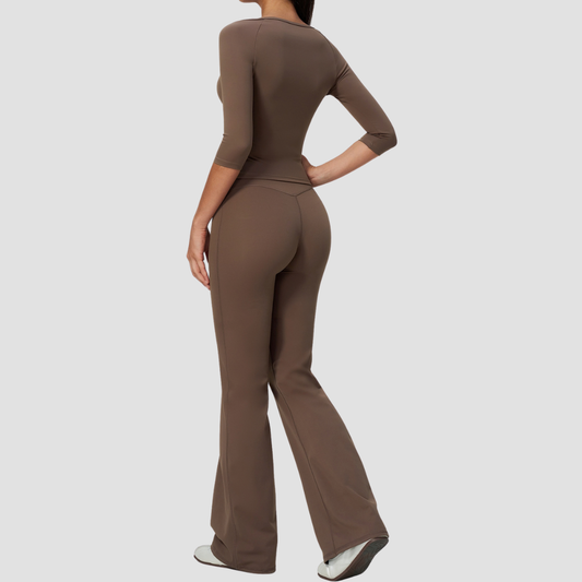 Wholesale Women's Round Neck Mid-Sleeve Tops + Flare Pants Yoga Set