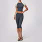 Wholesale Women's Colorblock Bare-Feel Yoga Set Short Sleeve Top & Capri Pants