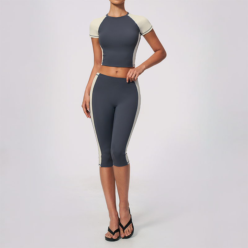 Wholesale Women's Colorblock Bare-Feel Yoga Set Short Sleeve Top & Capri Pants