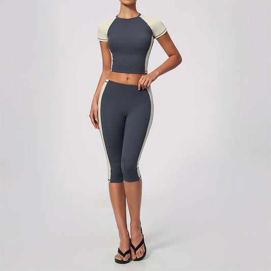 Wholesale Women's Colorblock Bare-Feel Yoga Set Short Sleeve Top & Capri Pants