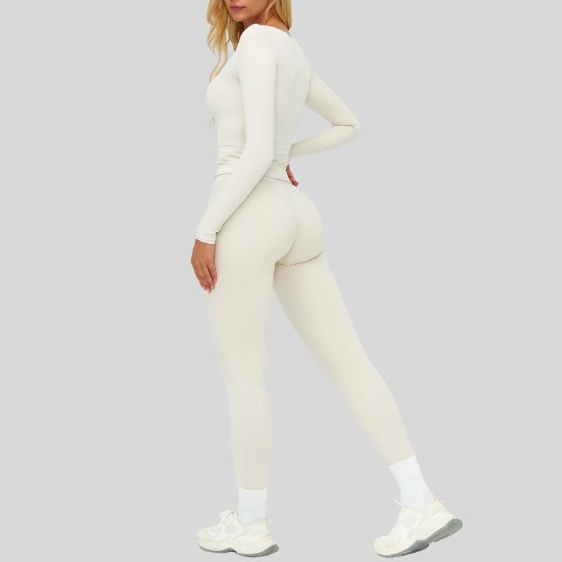 Color-blocked long-sleeved sports top+High waisted leggings 2-piece set