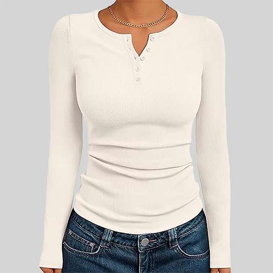 Wholesale Women's Button V-Neck Long Sleeve Ribbed Knit Top