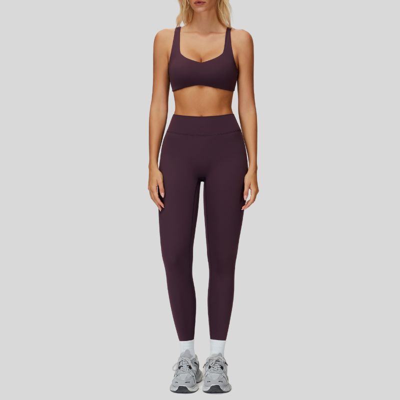 Sports bra with removable bra pads+High-waisted V-neck leggings at the back 2-piece set