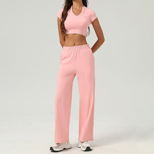 Quick-Dry short-sleeved sports yoga top+loose Straight Leg pants 2 pieces set