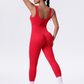 V-neck backless ribbed wide leg double strap yoga jumpsuit