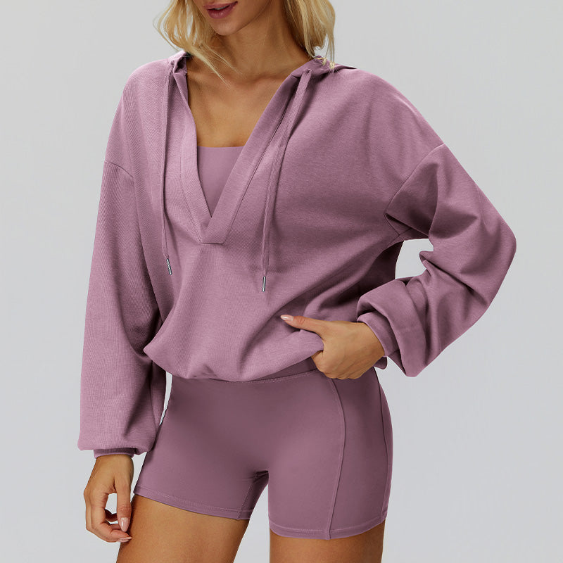 V-neck large hooded jacket+Sports tank top+High waisted shorts 3-piece set