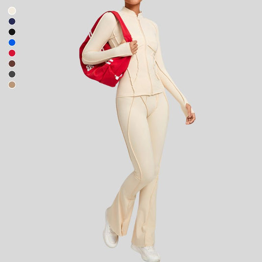 Thumb-buckle zipper jacket + slightly flared pants+2-piece set