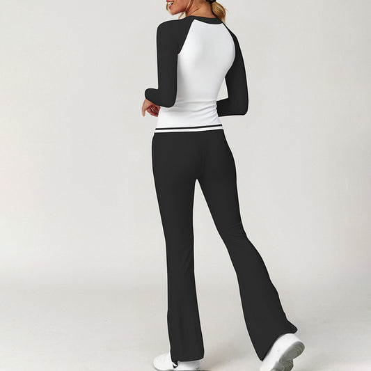 Top de manga larga + pantalones deportivos contrastantes + banda de diadema de 3 piezas