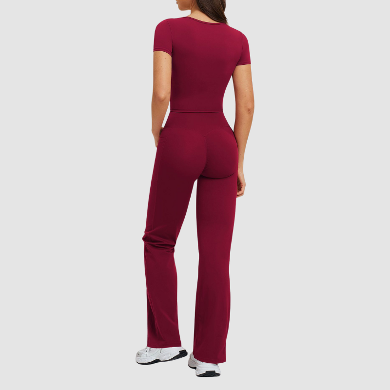 Wholesale square-neck crop top + high-waisted flared pants