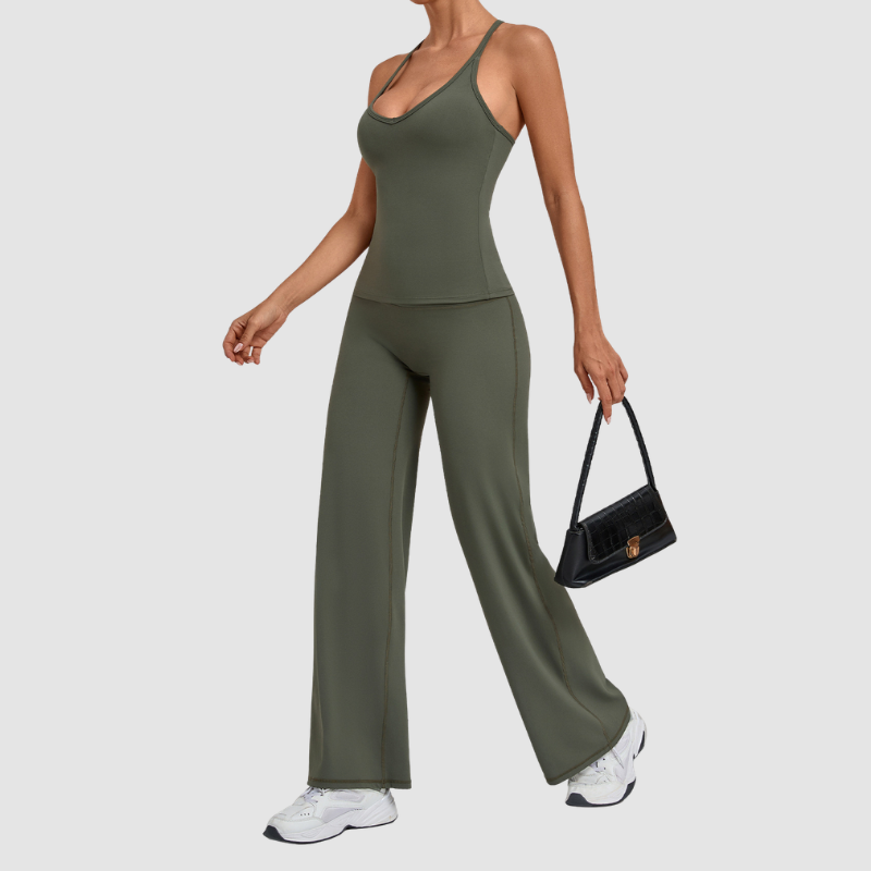 Wholesale Women's Racerback Yoga Set – Double-Layer Chest Pad Cross Waist Flare Pants