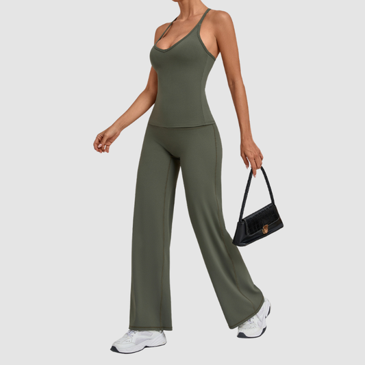Wholesale Women's Racerback Yoga Set – Double-Layer Chest Pad Cross Waist Flare Pants