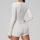 Wholesale Seam-Detail Long-Sleeve Crop Top & High-Waist Biker Shorts Set – Brushed Yoga 2-Piece