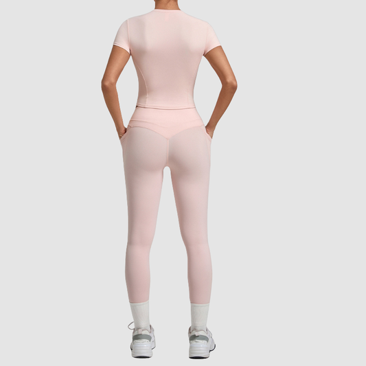 Wholesale Women's Naked-Feel Short Sleeve Top + High-Waist Leggings Set – Peach Lift Yoga Fitness Activewear