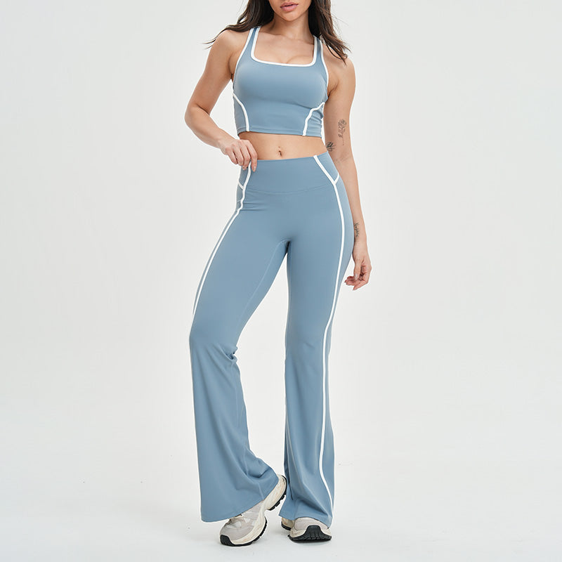Women's contrasting color backless tank top + high-waisted flared pants 2-piece set