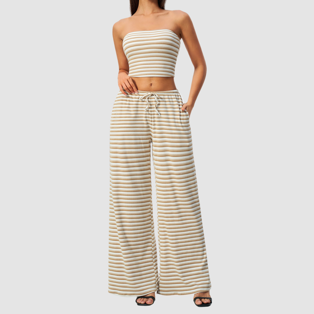 Wholesale Women's Stripe Tank Top & High-Waist Tummy Control Wide-Leg Pants