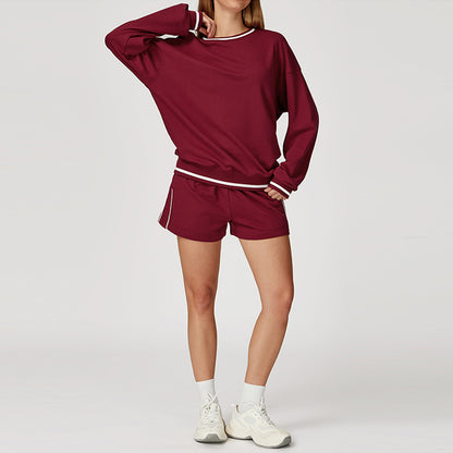 Contrasting Color long sleeve Sweatshirt + loose shorts 2 pieces set