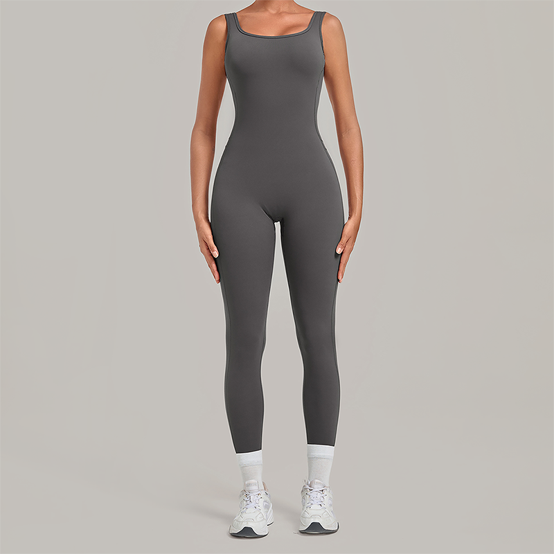 Wholesale Women's Brushed Yoga Jumpsuit – Open-Back Slim Fit Athletic Bodysuit w/ Chest Pad