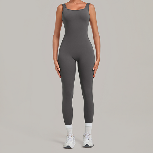 Wholesale Women's Brushed Yoga Jumpsuit – Open-Back Slim Fit Athletic Bodysuit w/ Chest Pad