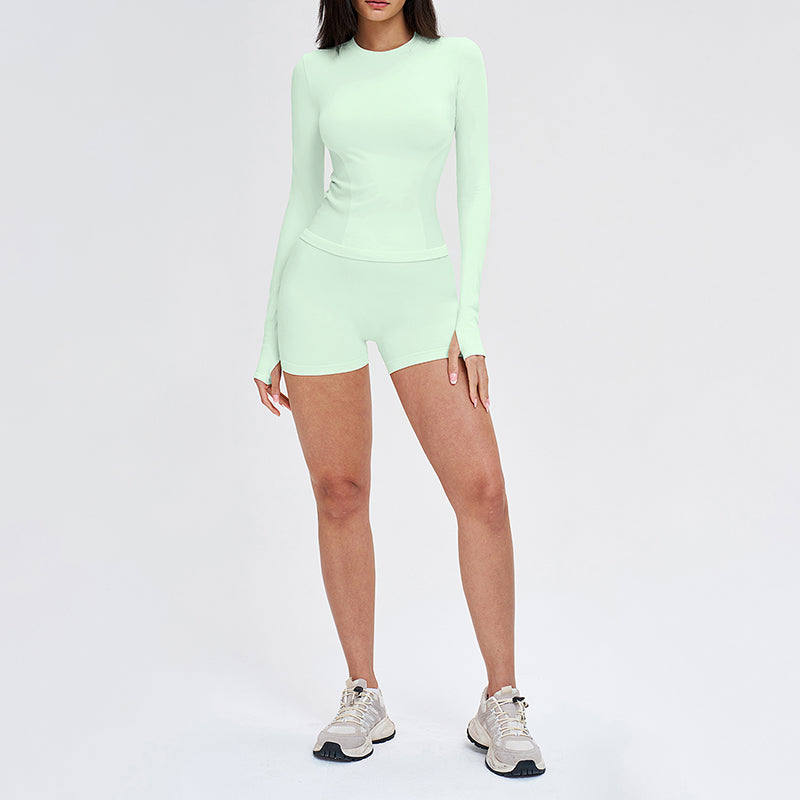 Wholesale solid color long-sleeved top + shorts