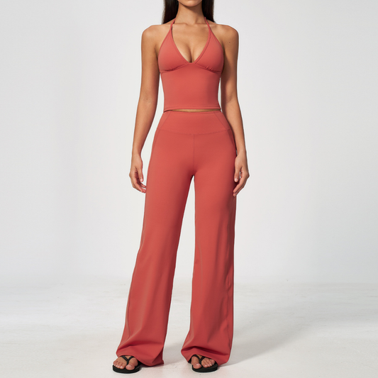 Wholesale Deep V Halter Neck Sweat-Wicking Breathable Fashion Casual Flared Fitness Set