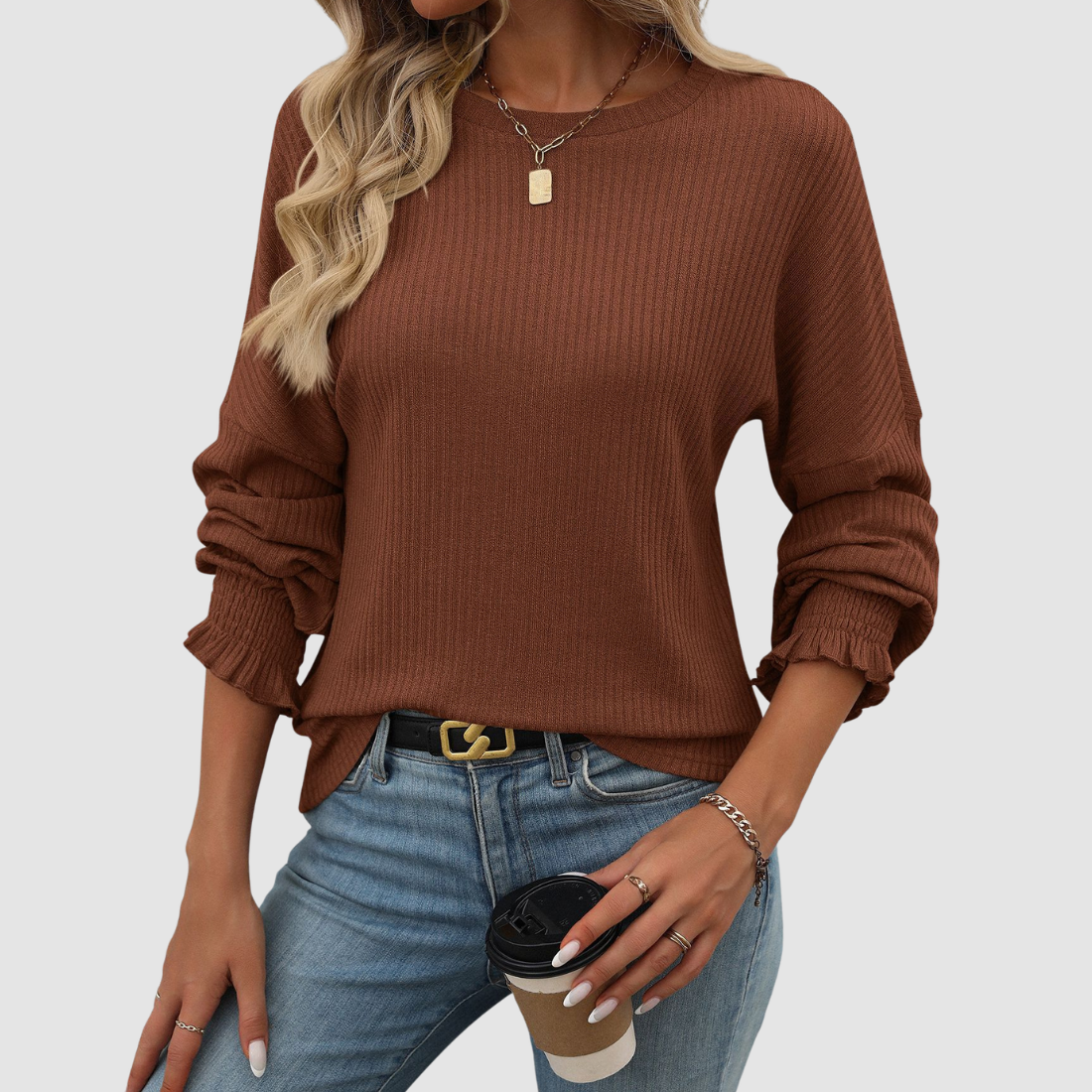 Wholesale Women's Ribbed Long Sleeve T-Shirt – Loose Ruffle-Sleeve Top