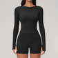 Wholesale Seam-Detail Long-Sleeve Crop Top & High-Waist Biker Shorts Set – Brushed Yoga 2-Piece