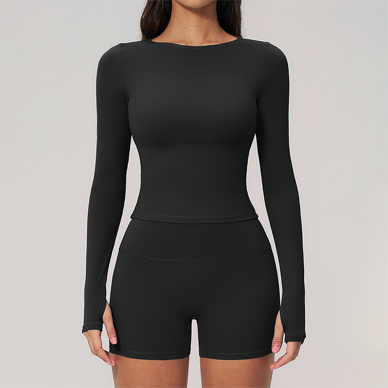 Wholesale Seam-Detail Long-Sleeve Crop Top & High-Waist Biker Shorts Set – Brushed Yoga 2-Piece