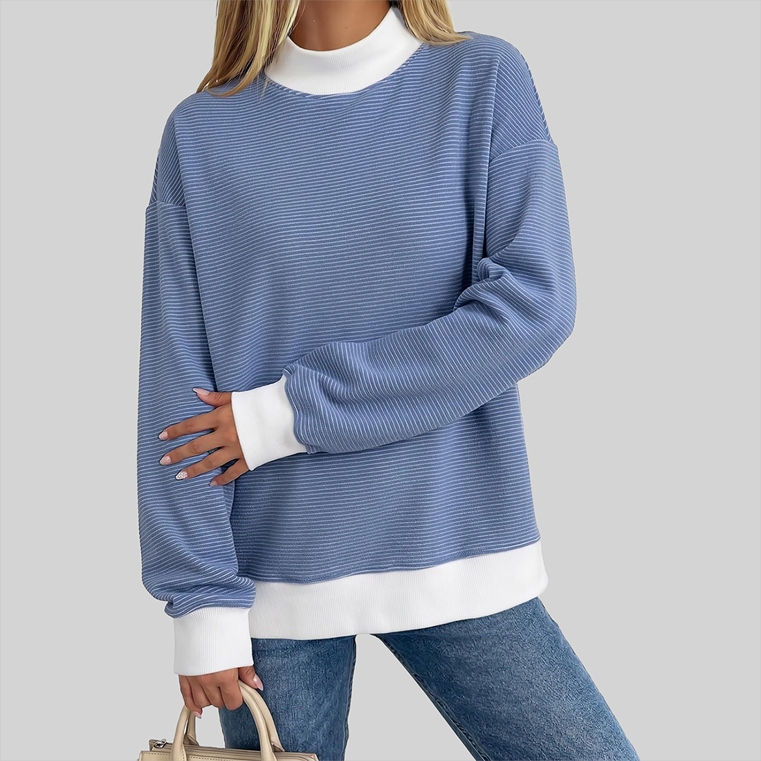 Wholesale Brushed Striped Long Sleeve Pullover – Loose Contrast Color Top
