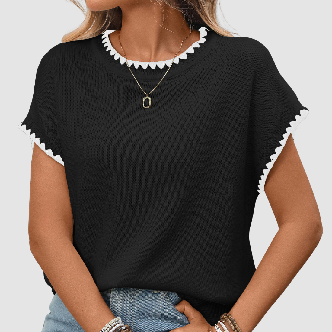 Wholesale Women's Sweaters – Crochet Round-Neck Short Sleeve Pullover