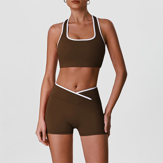 Wholesale High-Waist Contour Yoga Set – Color-Block Sports Bra & Booty Shorts