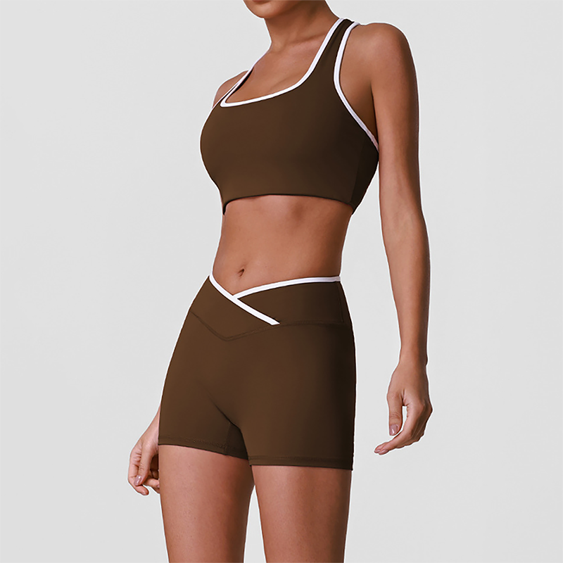 Wholesale High-Waist Contour Yoga Set – Color-Block Sports Bra & Booty Shorts