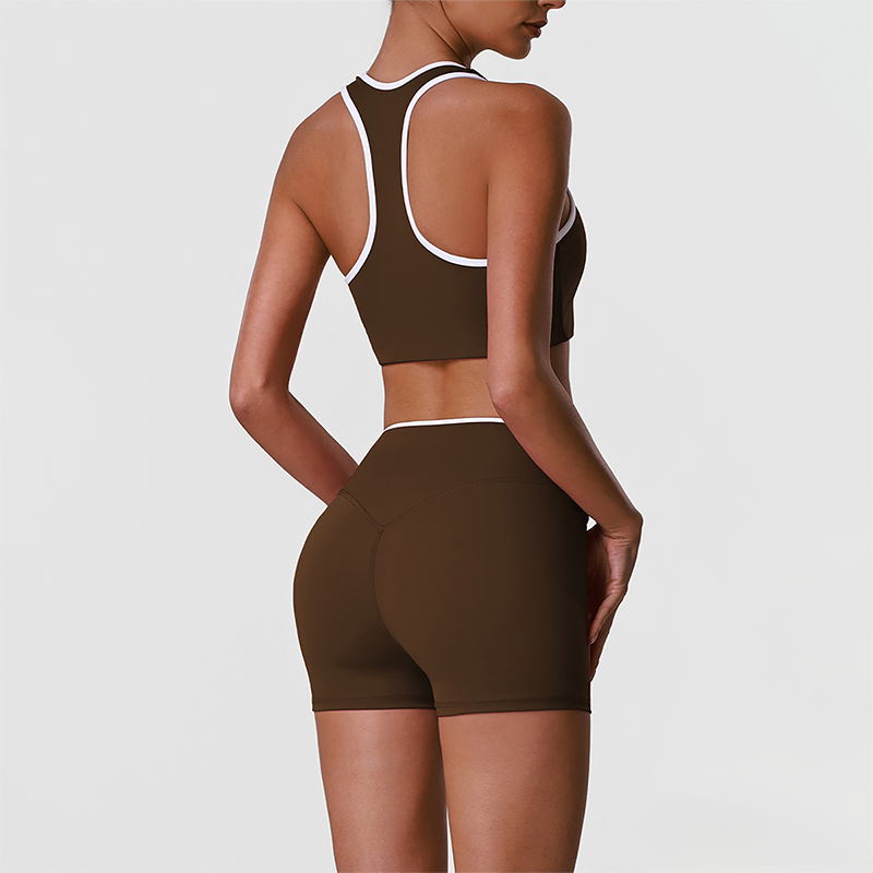 Wholesale High-Waist Contour Yoga Set – Color-Block Sports Bra & Booty Shorts