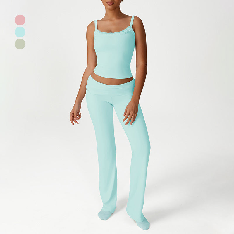 Lace Low-Cut Crop Top + Elastic Ruched Waistband Flared Pants 2-Piece Set