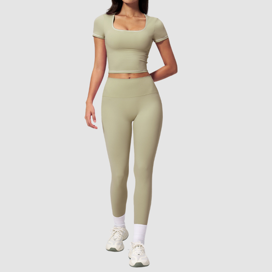 Wholesale Women's Seam-Detail Short Sleeve Crop Top + High-Waist Leggings Set – Butt-Lifting Yoga Gym Activewear